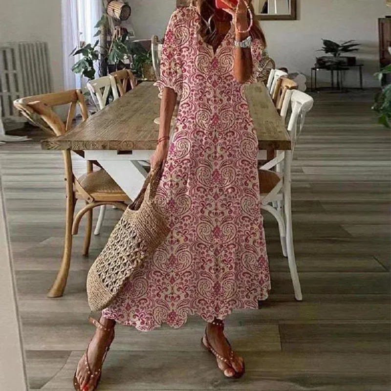 Lässiges, lockeres Boho-Damen-Sommer-langes Kleid, elegant, aushöhlen, V-Ausschnitt, weißes Strand-Sommerkleid, Vintage-Blumendruck, Maxikleider