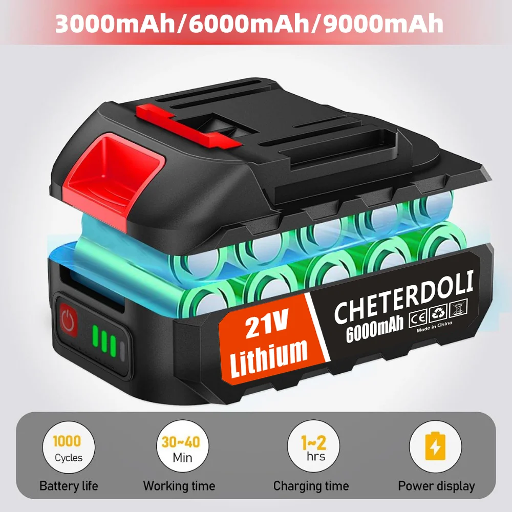 

21V Rechargeable Battery Pack - 3000mAh/6000mAh/9000mAh Replacement for Makita BL1860/BL1850 18V Tools