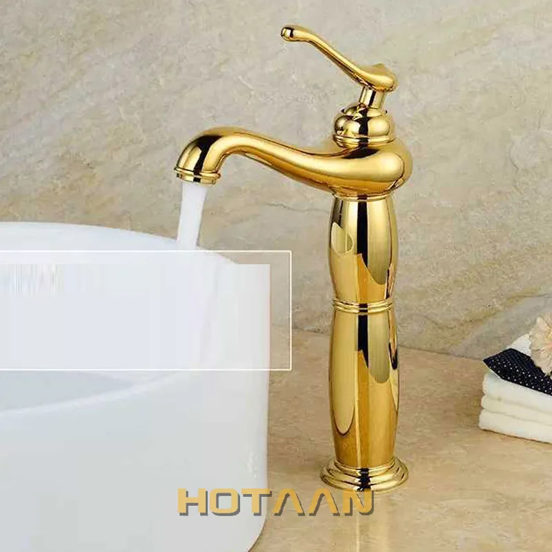 Copper Gold Basin Faucet Deck Mount 1 Hole Mixer Tap Hot Cold Water Bathroom Sink Vessel Faucet YT-5062-G