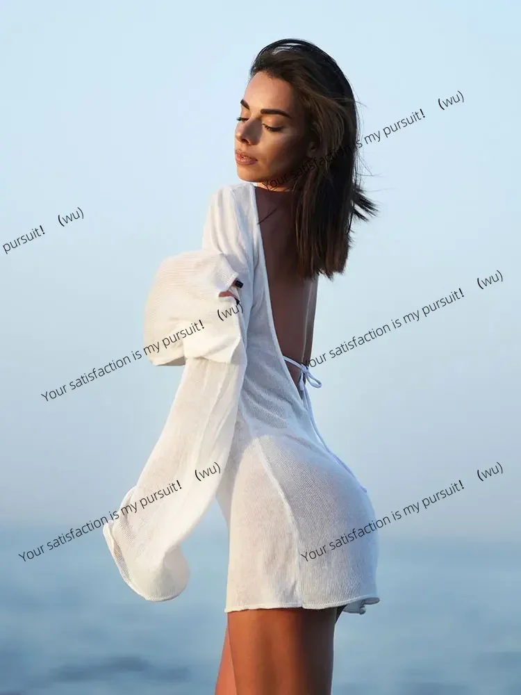 Sommer-Minikleid für Damen am Meer, solides Strick-Minikleid, 2025, sexy, rückenfrei, Glockenärmel, durchsichtig, kurzes Kleid, Strand-Badeanzug, Vertuschung, K98