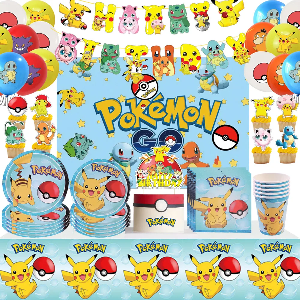 Decoración de fiesta de cumpleaños de Pokémon, juego de tazas y cubiertos de Pikachu, globos de cumpleaños para niños, suministros de juguete DIY,