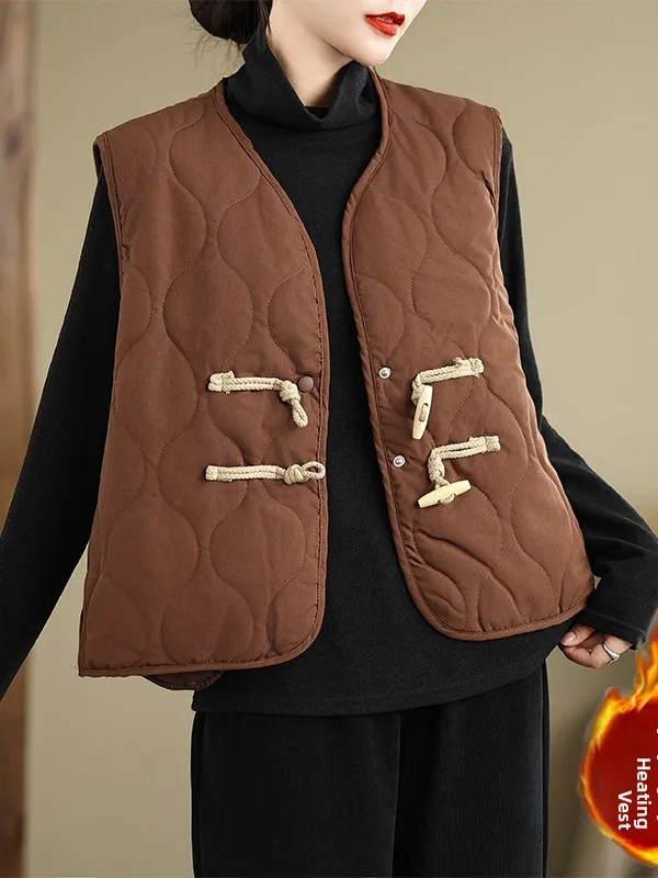 

Retro Buttoned Thiened Warm Cotton Vest Women's Loose Casual Svel Autumn Winter Outerwear f High Collar Single Button