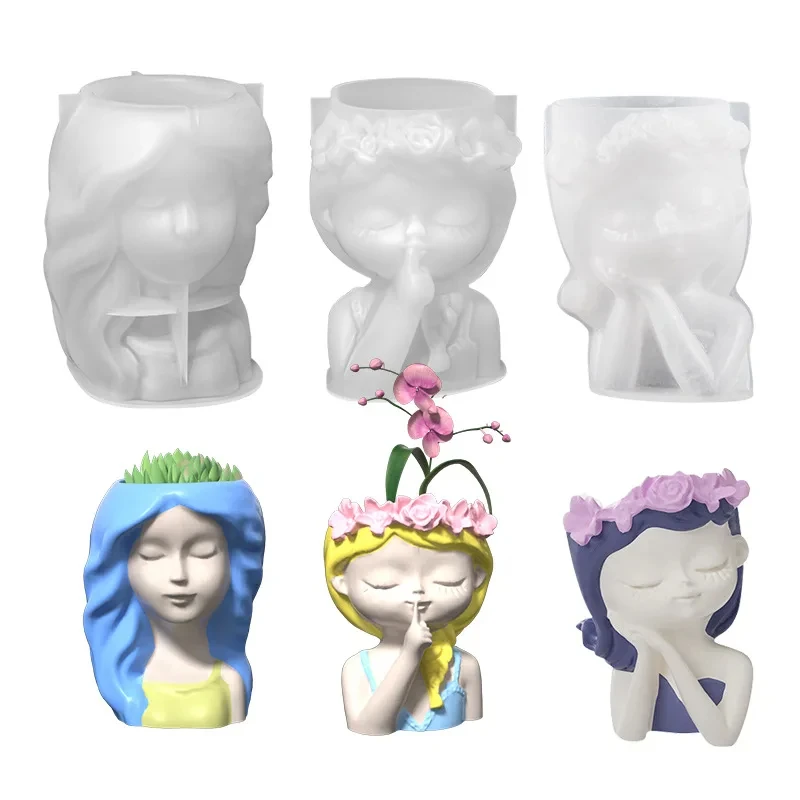 DIY Girl Portrait Flower Pot Silicone Mold Flower Beauty Flower Pot Pen Holder Gypsum Cement Mold Sleeping Beauty Vase Mold