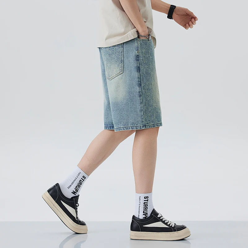 Novedad de verano, pantalones cortos anchos de gran tamaño para hombre, pantalones vaqueros holgados Y2k agrietados con rayos, ropa de calle lavada, pantalones vaqueros holgados hasta la pantorrilla a la moda