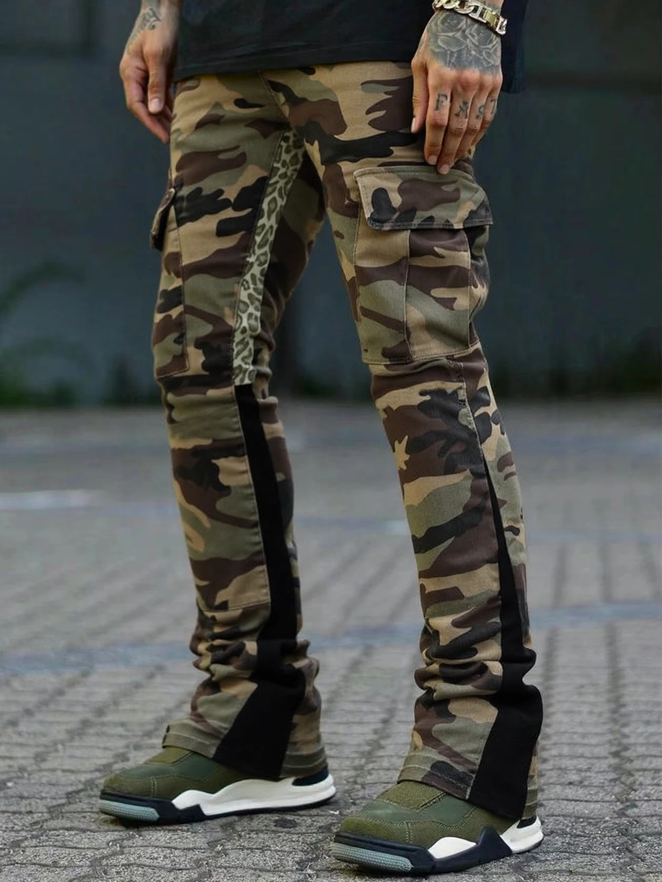 Men's Simple Camo Casual Pants, Long Straight Leg Outdoors Hiking Pants, Fashion Slim Fit Bell Bottoms, Spring & Fall Wear