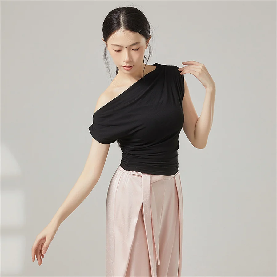 

Женская футболка для современного танца без рукавов с плиссированным подолом, классическая тренировочная танцевальная одежда, топ с открытыми плечами, блузка для взрослых, танцевальная одежда