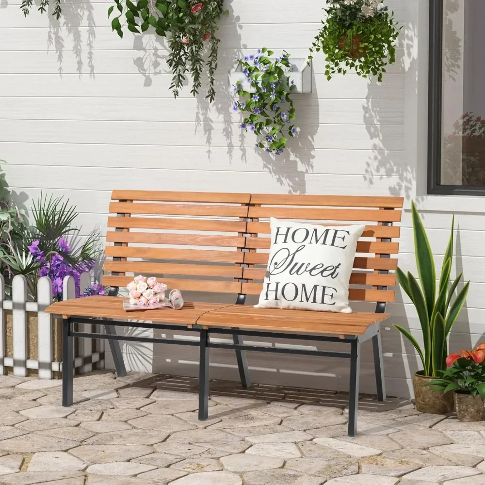 Banc extérieur en bois d'acacia, banc de jardin sans accoudoirs finition d'huile avec siège à lattes et cadre en acier pour jardin, parc, porche, cour