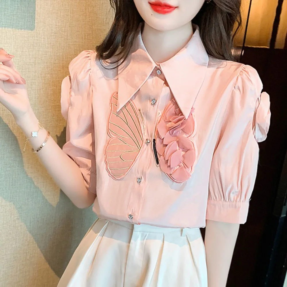 Fashion 3D Flower Blouse For Women 2024 Summer New Short Bubble Sleeve Chiffon Shirt Ladies Sweet Pink Slim Tops Female Trend