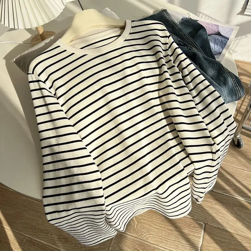 2024 New Women Spring Striped T Shirts Women O-Neck Long Sleeve Black White Color Tees Tops For Women Casual Clothes