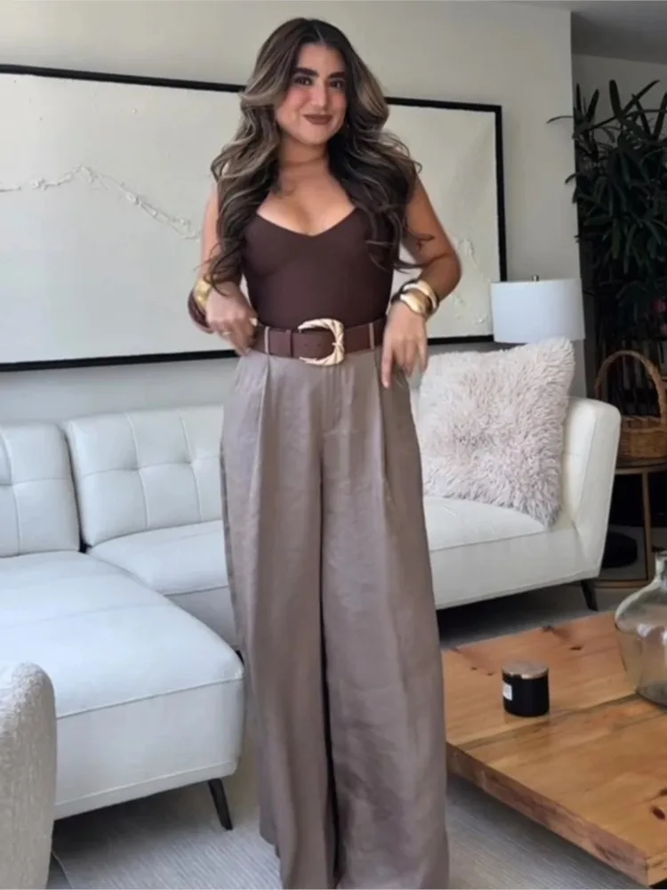 HipSeam Women Satin Trousers With Belt Spring Summer Simple Women's Pants Versatile Female Loose Pants Pocket Wide Leg Pants image 4
