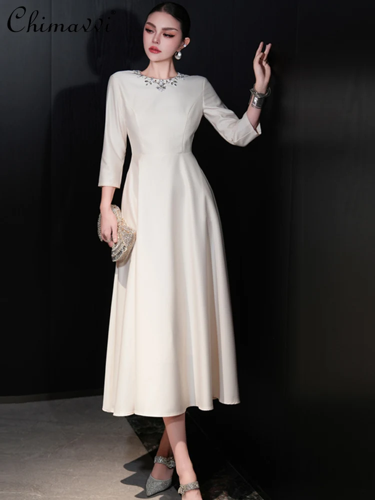 

French Elegant High-End Socialite Evening Dress Diamond Round Neck Short Sleeves High Waist A-line Temperament Long Dress Women