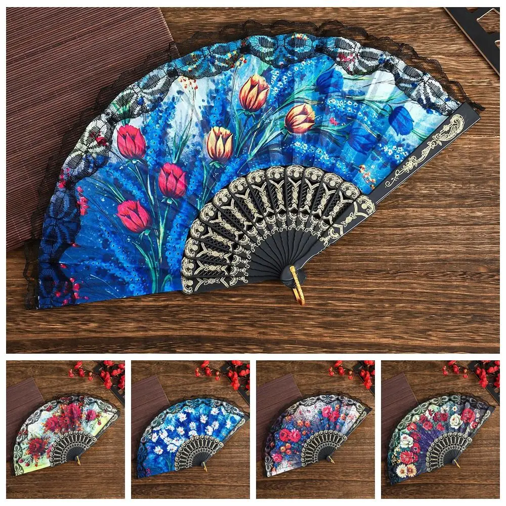Elegant Plastic Ribs Spanish Folding Fan Lace Trim Edge Black Floral Fabric Fan Floral Printed Cloth Dance Prop Fan Women