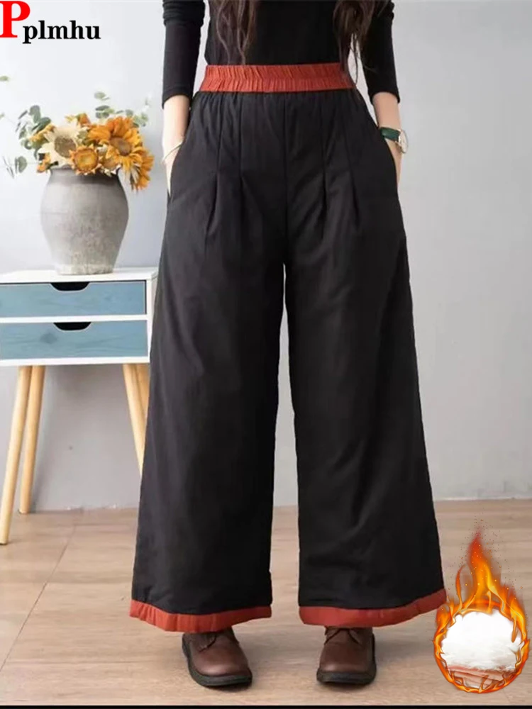 warm Down Cotton Wide Leg Ankle-length Pants Women Puffy Thicken High Waist  Pantalone Casual Snow Wear Ladies Spodnie New