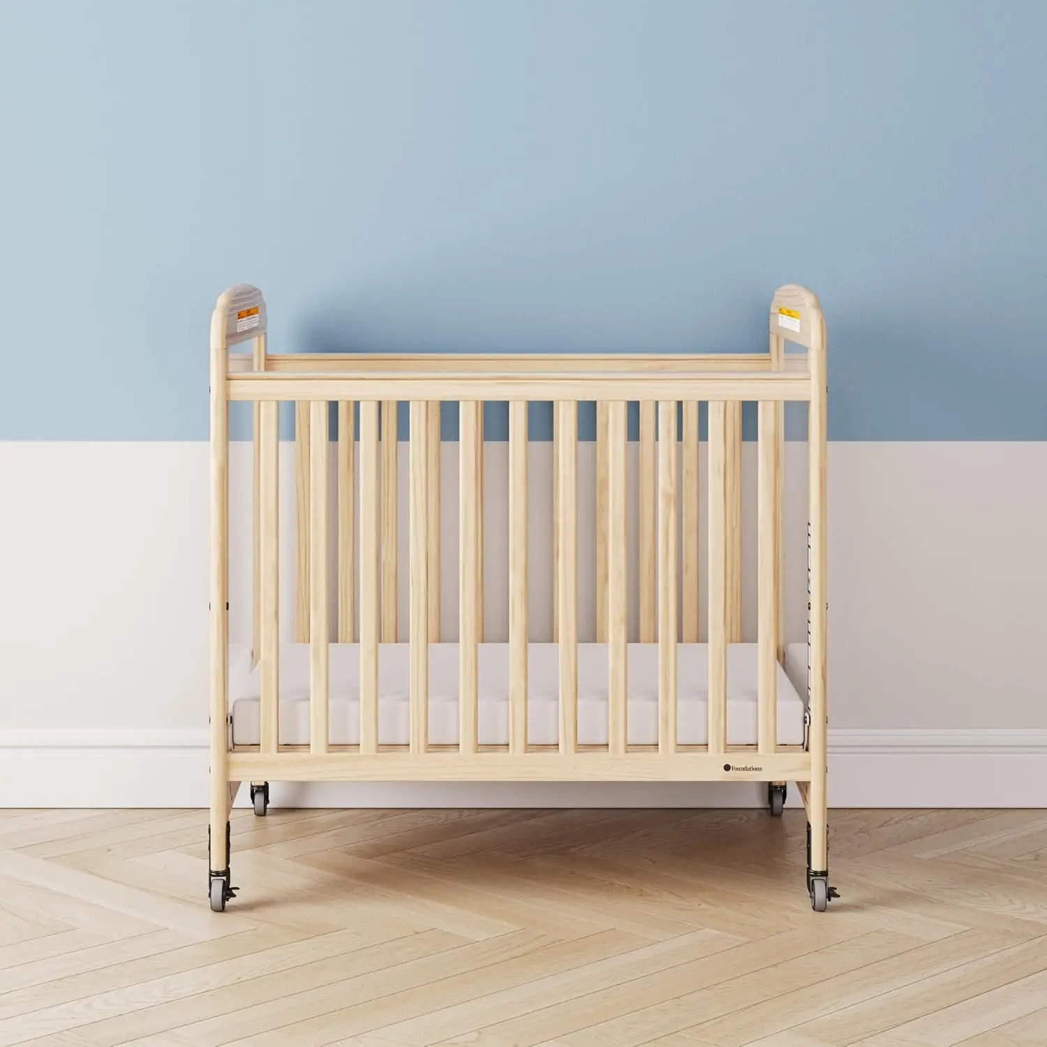 Serenity Compact Clearview Daycare Crib, Fixed Side, Durable Wood Construction, Adjustable Mattress Board, Clear End Panels.