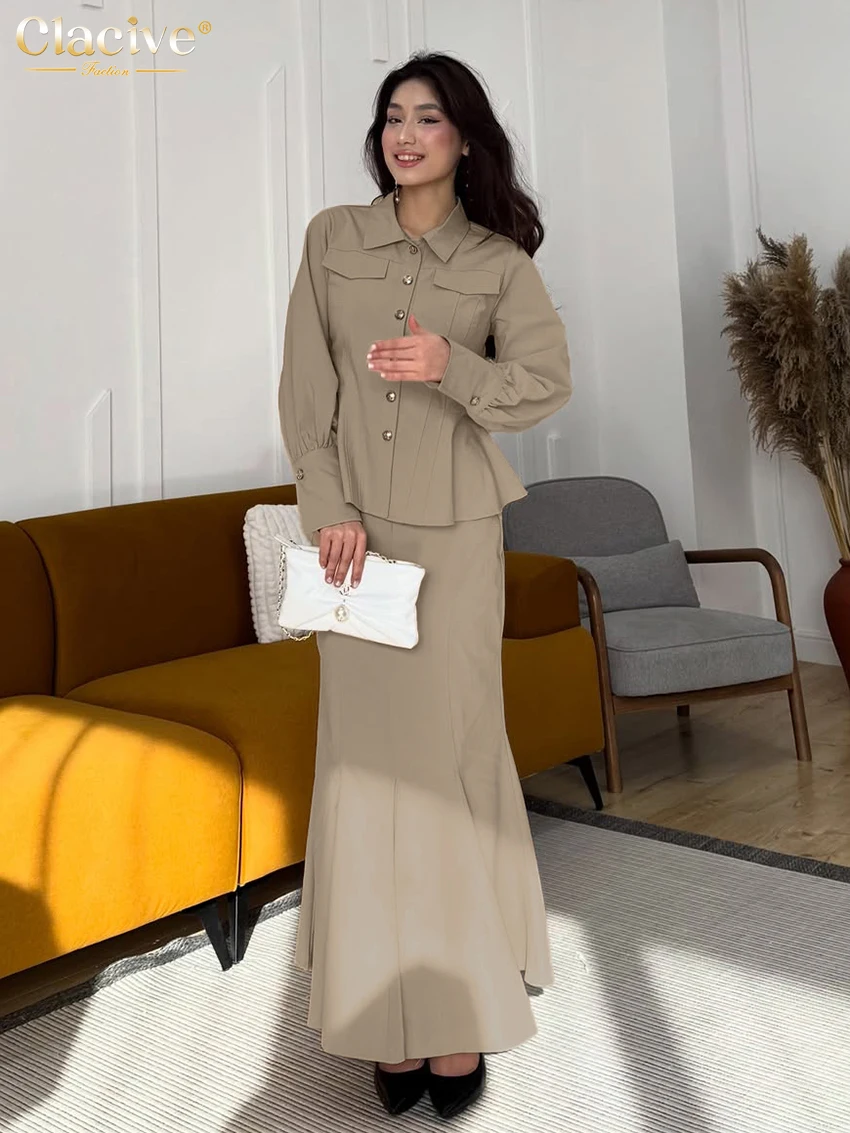 

Clacive Fashion Loose Khaki Cotton Skirt Sets Woman 2 Pieces Elegant Long Sleeve Shirt With High Waist Long Skirt Set Female