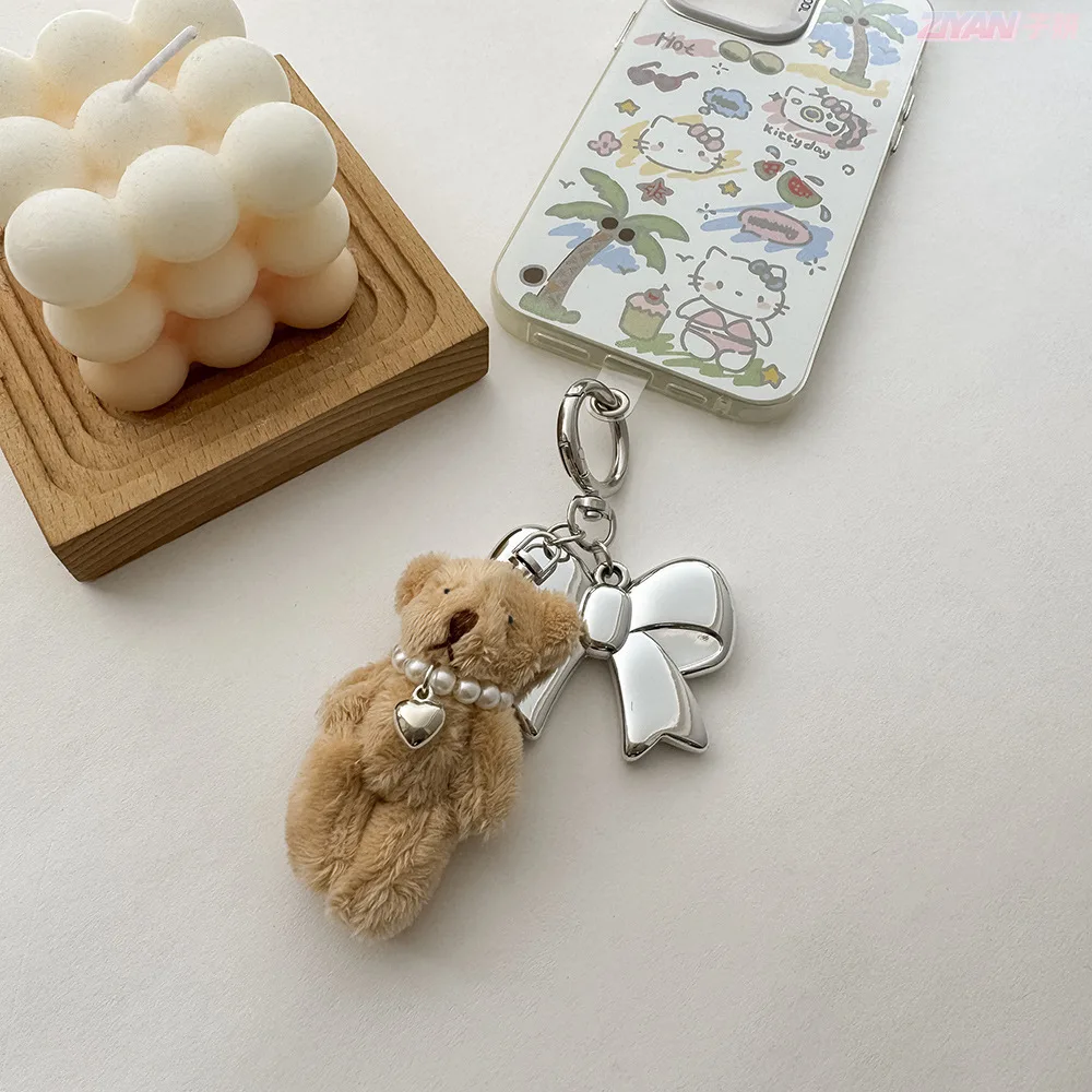 Ins Pearl Heart Bear Key Chain Plush Bunny Bowknot Phone Pendant Headphone Case Charm Bag Decor Car Key Ring For Girl Wmen Gift