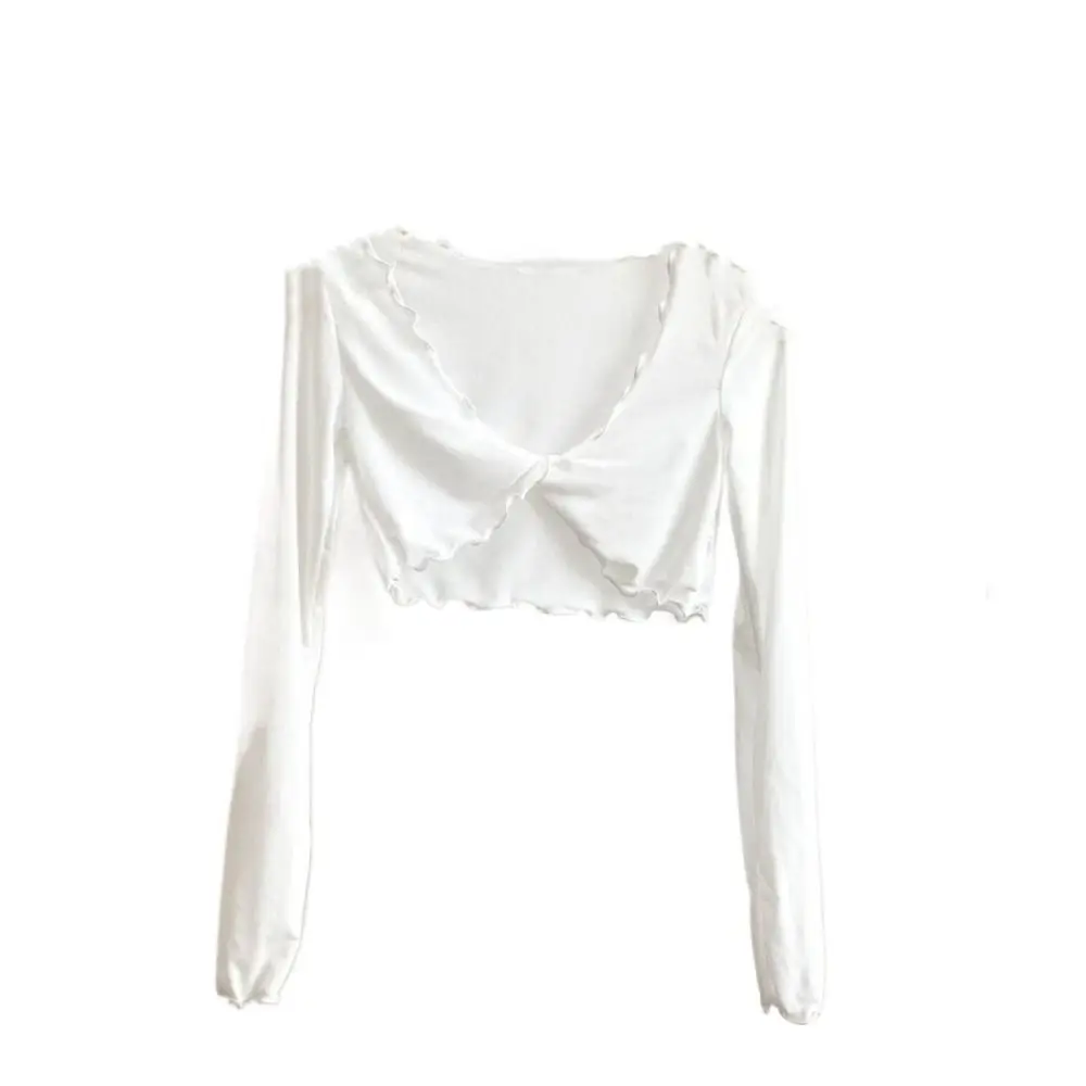Fashion Ruffle Mesh Knot Cardigan Long Sleeve See Through Transparent Cardigan Short V-neck Shirts for Women Travel
