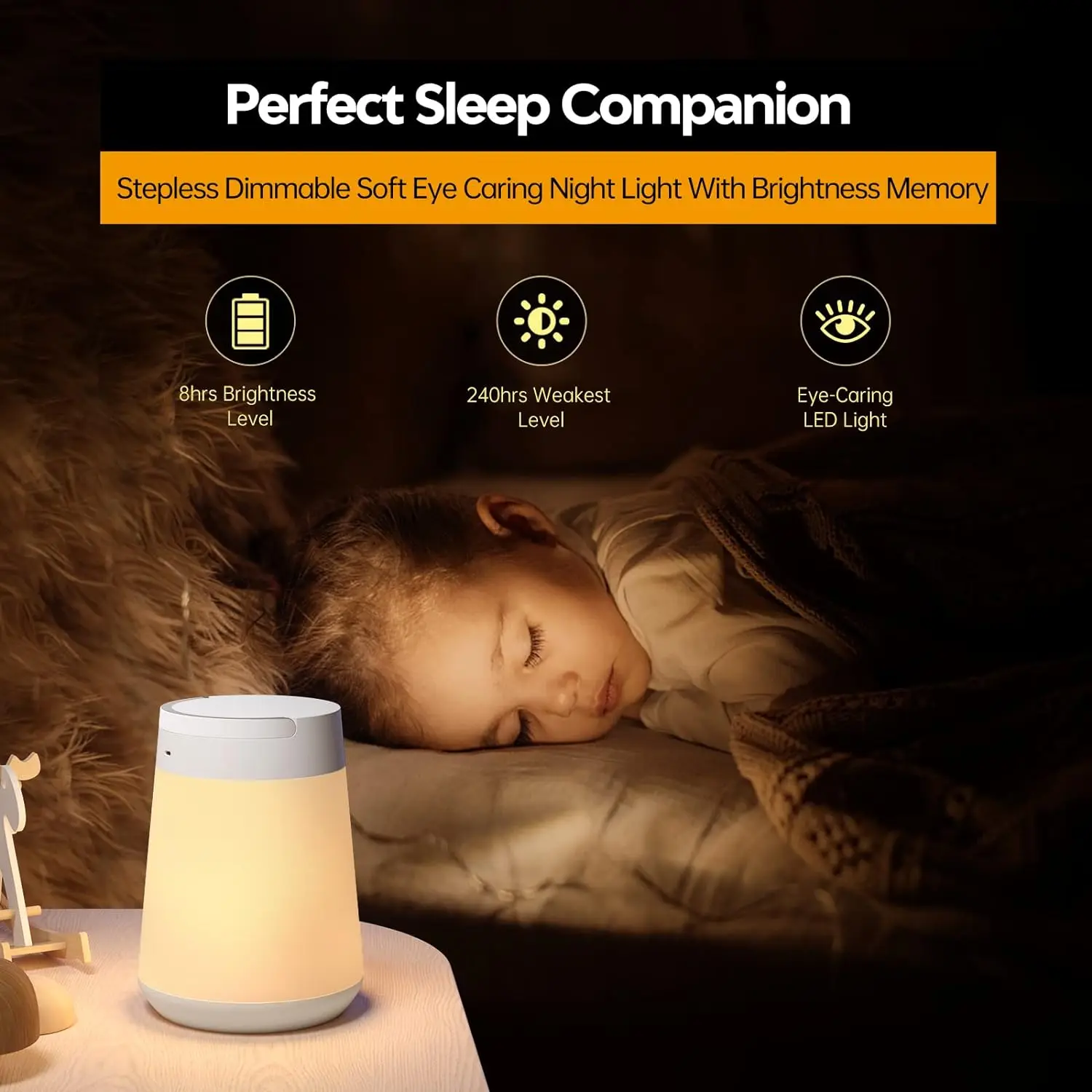 Childrens night light, sleep aid desk lamp, rechargeable, touch stepless dimming portable night light with memory function