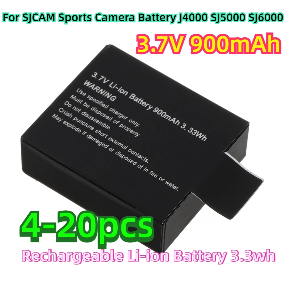 For SJCAM Sports Camera Battery J4000 SJ5000 SJ6000 Replacement Action Camera Cell 3.7V 900mAh Rechargeable Li-ion Battery 3.3wh