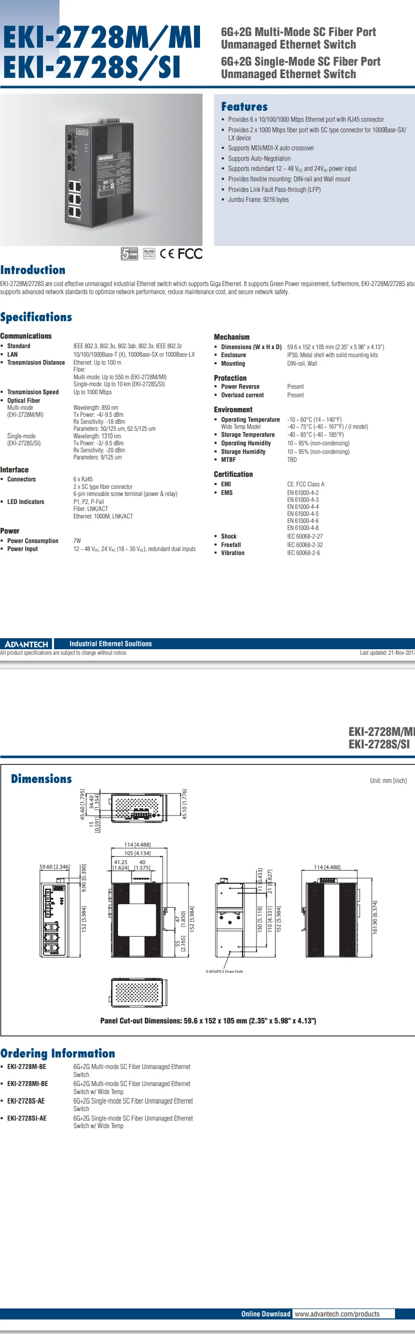 Advantech EKI-2728S 10/100/1000 Mbps Fast Ethernet 6G+2G Single-Mode SC Fiber Port Unmanaged Ethernet Switch image 4
