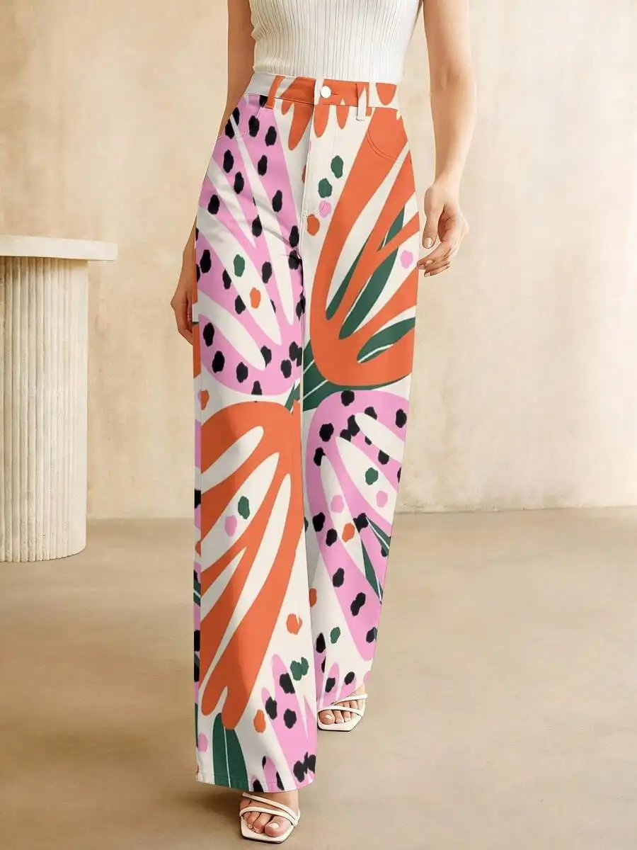 

Elegant Plus Size High-Waisted Wide Leg Denim Trousers With Vibrant Abstract Print For Women Summer Casual Wear