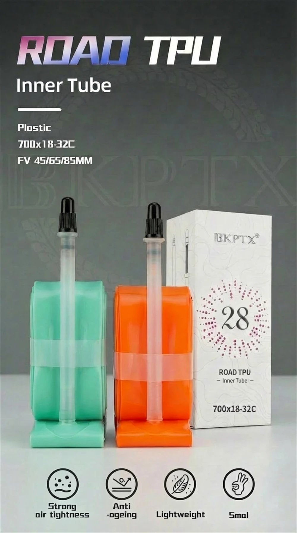 BKPTX 1 Stück/2 Stück 28g Orange Fahrrad-TPU-Schlauch 700X18 25 28 32 Rennrad-TPU-Reifen 65mm Länge mit französischem Ventil – Detail 2