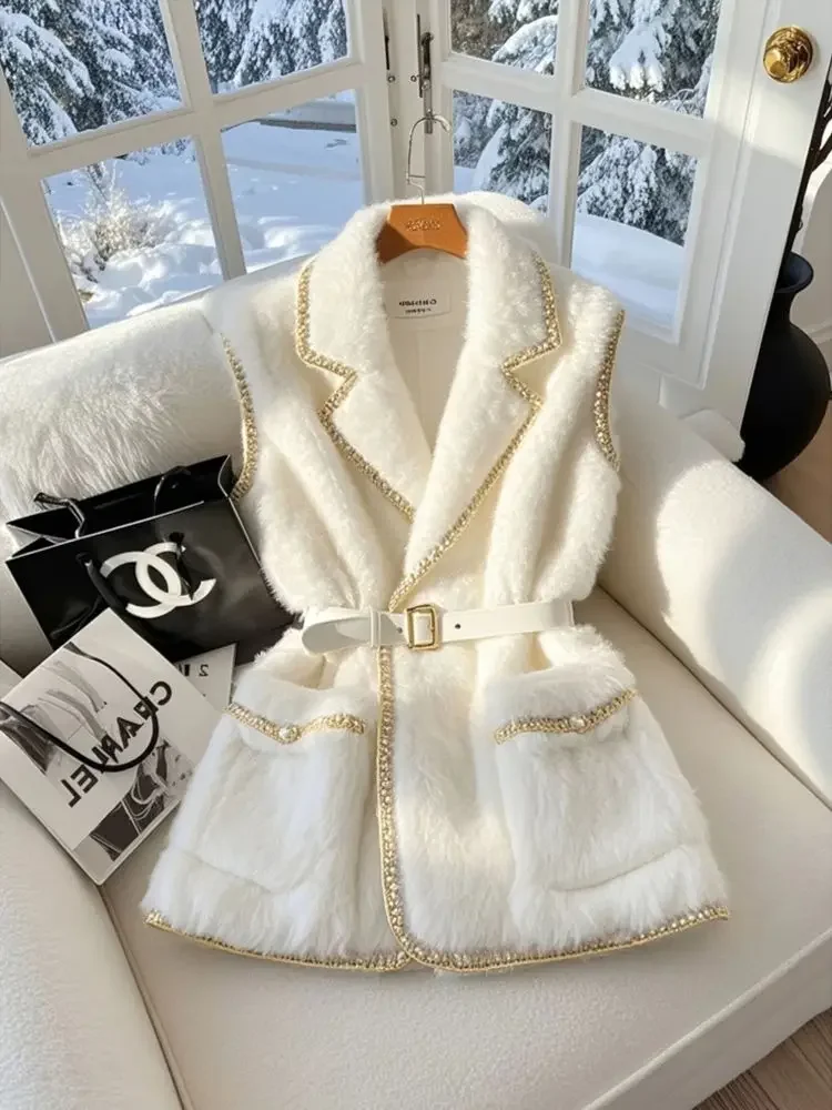 Winter Hoge Kwaliteit Dikker Bont Haar Blazers Vest Jas Luxe Gouden Zijden Rand Vrouwen Elegante Witte Mouwloze Jas Formele Dame