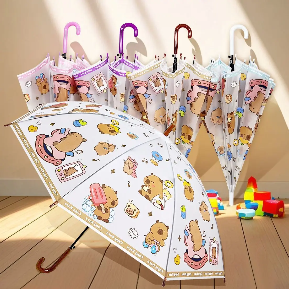 Random 1Pcs Clear Kids Umbrella Capybara Pattern Semi Automatic Long Handle Transparent Umbrella for Girls Boys Students