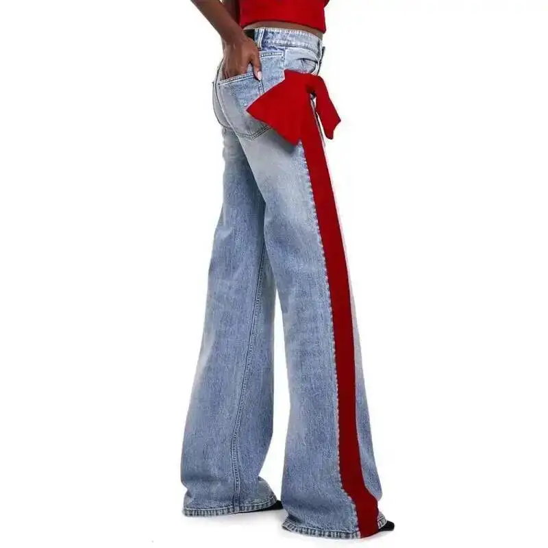 ANJY Autumn New Women Trendy Jeans Side Bowknot Contrast Color Patchwork Denim Temperament Stylish Versatile Casual Pants A10063