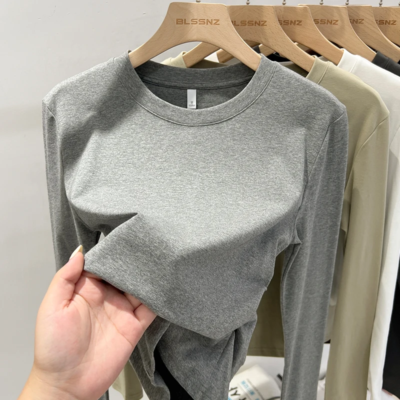 

Korean Simple Base Layer Top Women T-Shirt Autumn Winter 2025 Cotton O-Neck Slim Solid Versatile Trend Casual Long Sleeve Tees