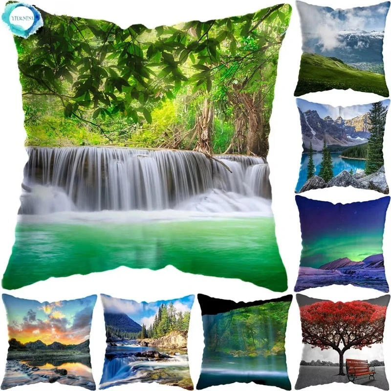 HD Prints Landscape Natural Scenery Waterfall Mountain Moon Painting Pillow Covers Cushion Cover Home Decoration Pillow Covers