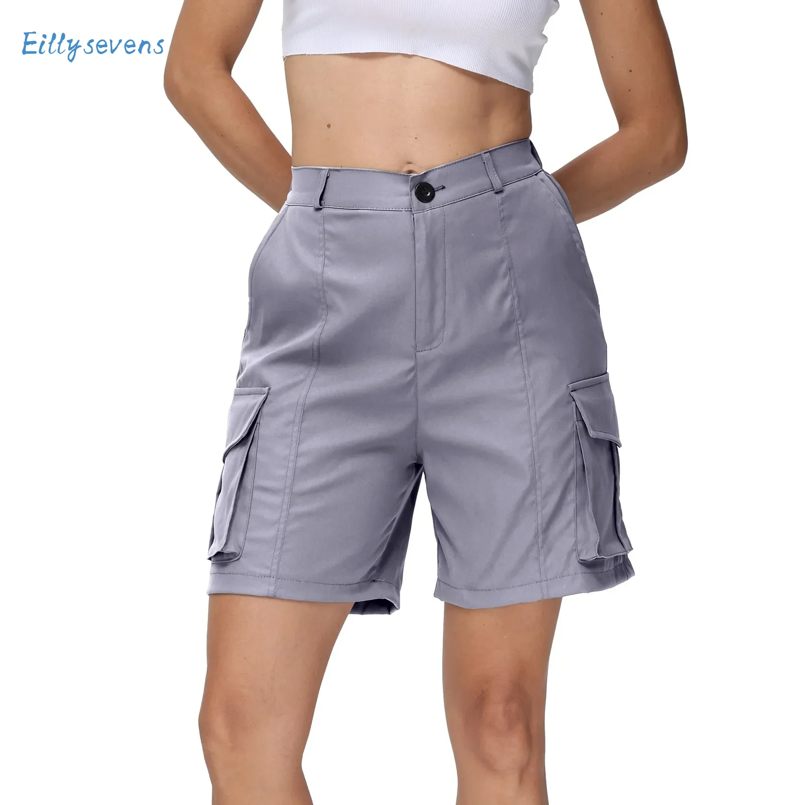 Cargo Shorts For Women Elastic High Waist Button Straight Causal Shorts Summer Daily Commute Outdoor Sports Matching Shorts