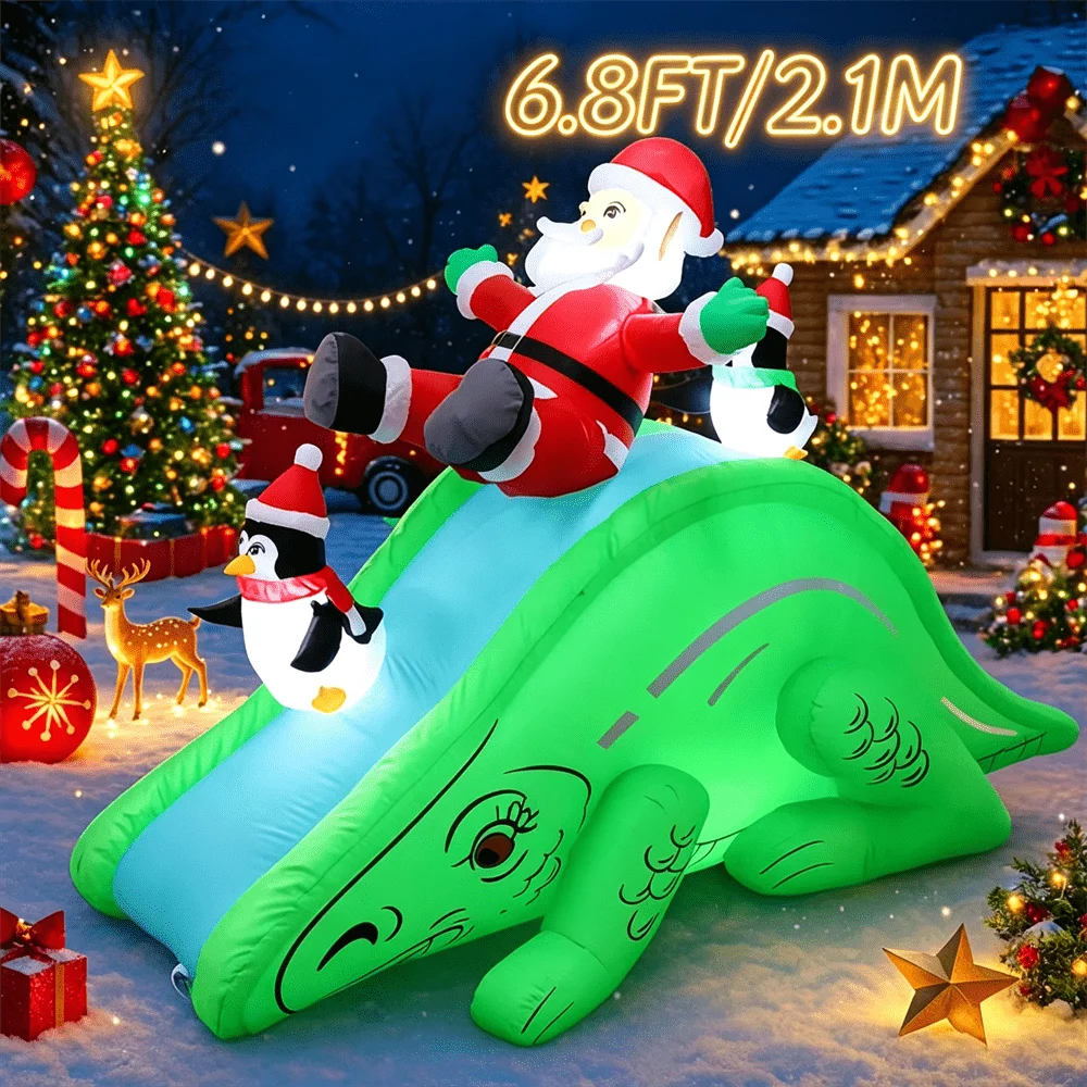 6.8FT Christmas Inflatable Model Dinosaur Slide Outdoor Yard Decor  with LED Lights Holiday  Garden Decorations For Family Party