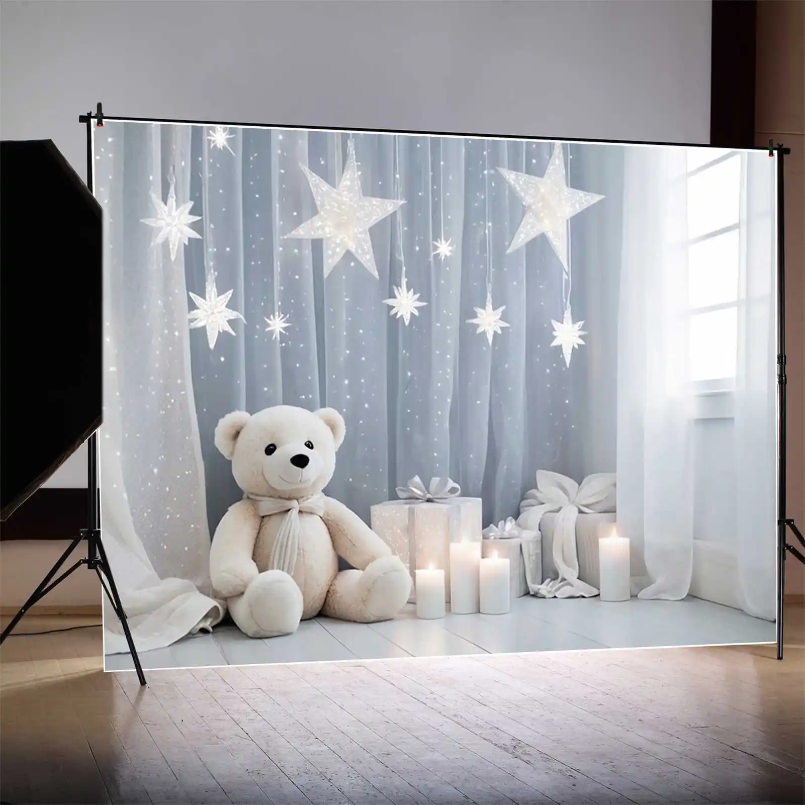 MOON.QG Blue White Drapes Birthday 1 Year Background Boy Teddy Bear Balloon Backdrops Party Decoration Photocall Studio Props