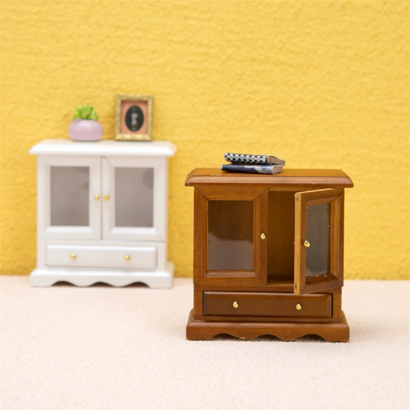 

1:12 Dollhouse Miniature Wooden Double Door Cabinet Bookcase Storage Rack Wall Mounted Display Shelf Furniture Model Toys