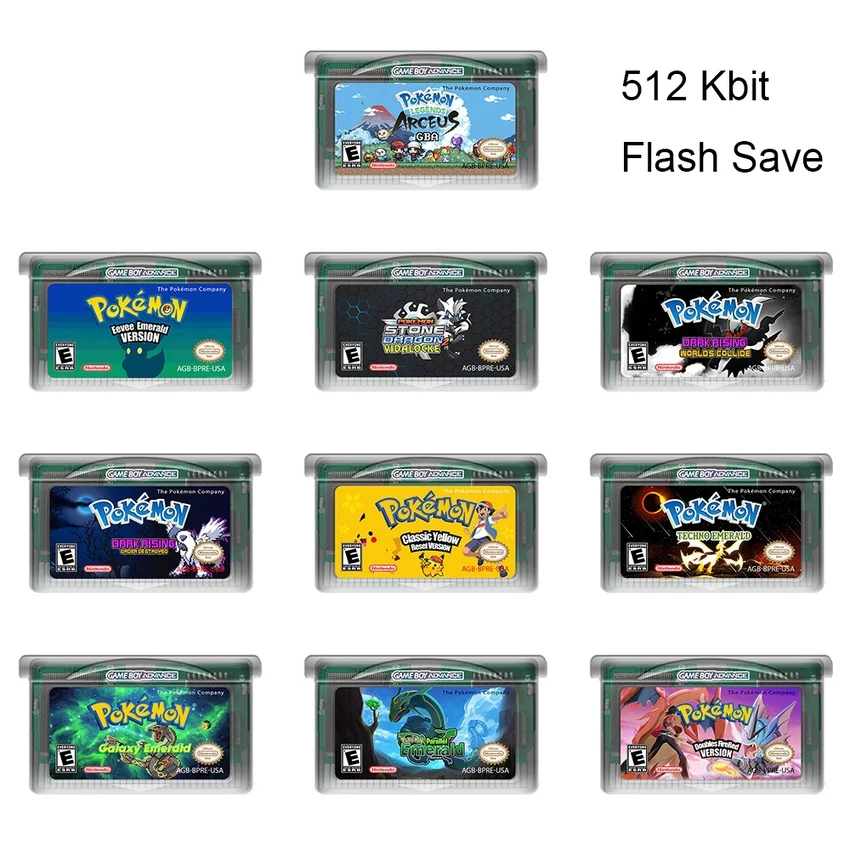 GBA Console RGR Game Cartridge 32Bit Video Game Console Card Pokemon Eevee Emerald Stone Dragon Dark Rising Classic Yellow Reset