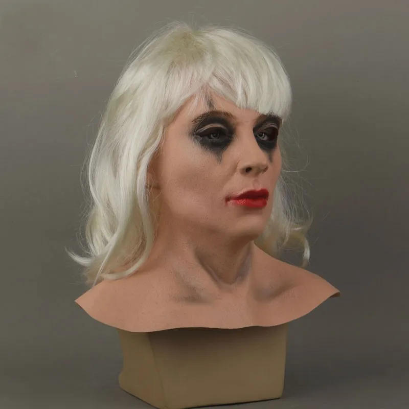 Maschera Joker raccapricciante per donna Casco da clown in lattice con parrucca Puntelli per costumi da festa spaventosi Maschera di carnevale di Halloween in maschera cosplay