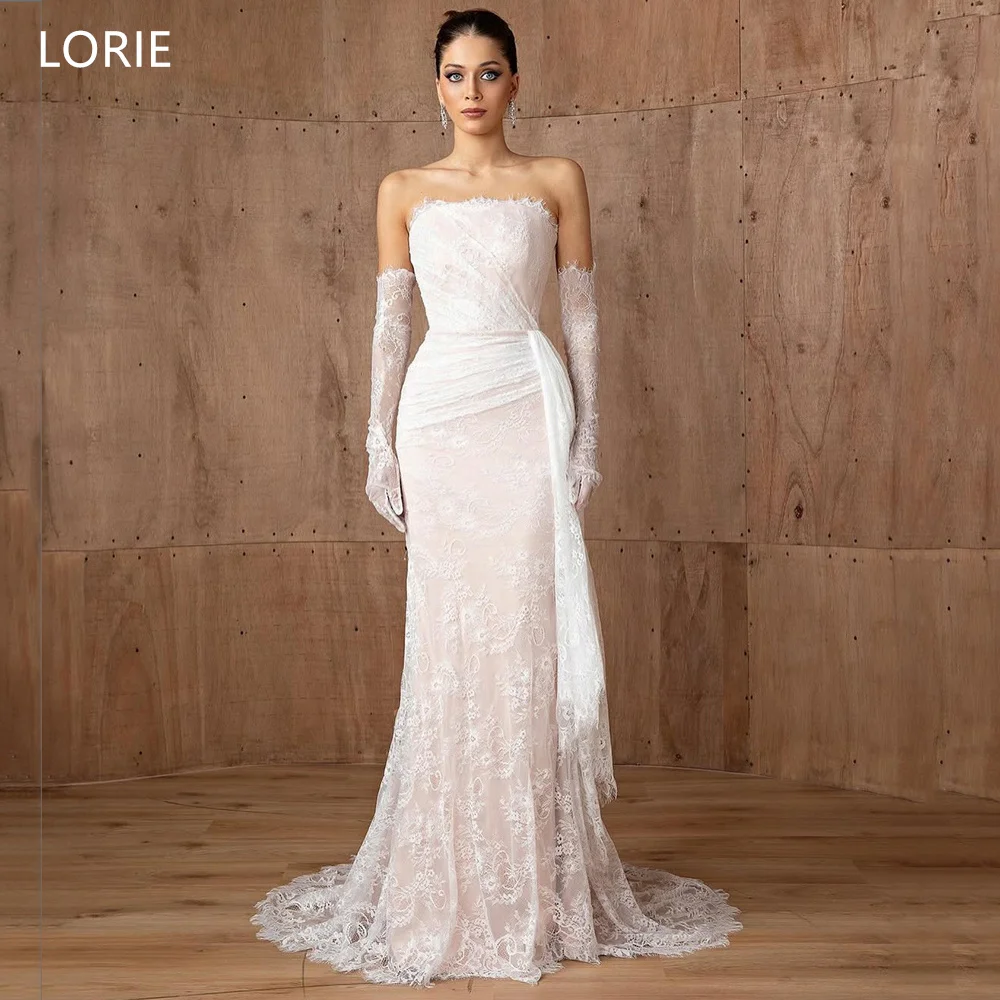 LORIE فساتين زفاف رائعة دانتيل بدون حمالات طيات حورية البحر فستان حفلات العروس بأربطة بطول الأرض زي العرائس حسب الطلب