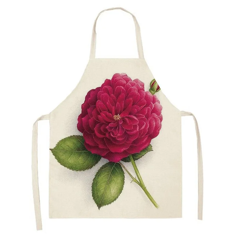 New plant flower retro rose print sleeveless linen apron home cleaning bib kitchen cooking baking anti-fouling apron