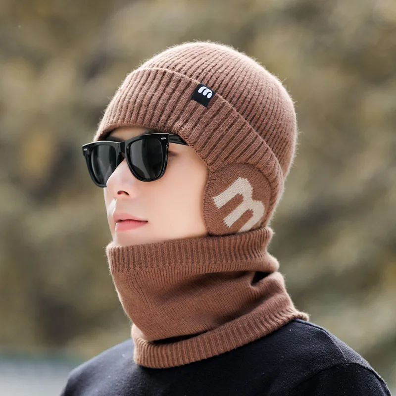 في الهواء الطلق الشتاء الرجال محبوك قبعة سنود 2 قطعة/المجموعة أفخم الدافئة بلغت ذروتها قبعة غطاء للأذنين عادية Cysling ركوب عالية الجودة نموذج قبعة الرجال