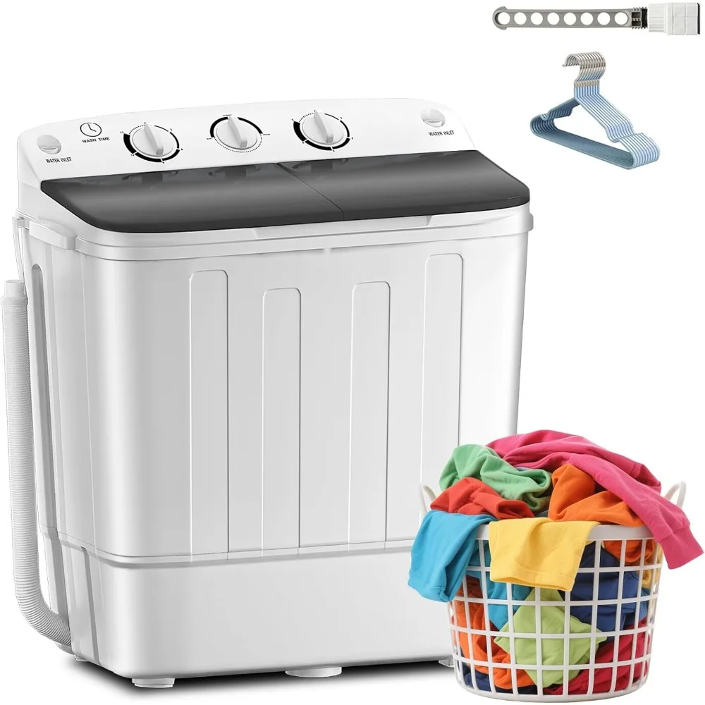 Portable Twin Tub 18lbs Washing Machine with Drying Rack and 10 Hangers, 11lbs Washer Mini Compact Laundry Machine