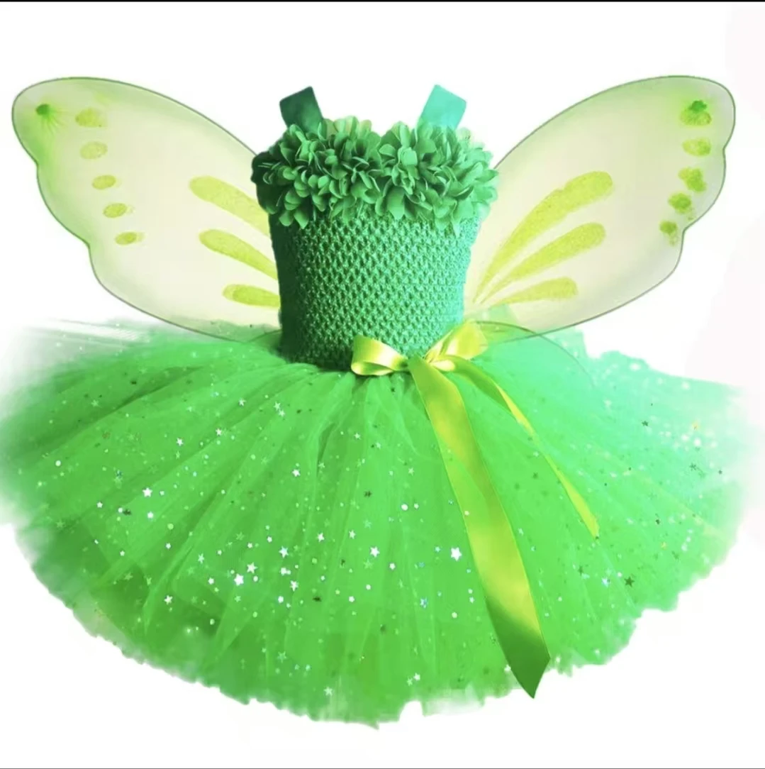 فستان توتو أصفر لامع للفتيات فستان جنية على شكل زهرة للأطفال مع جناح فراشة مجموعة أزياء حفلات الأطفال فساتين النجوم المتلألئة