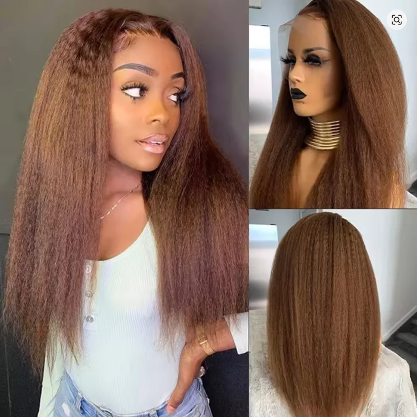

Preplucked 180% Density Brown Yaki Kinky Straight Soft Glueless 16-30 Inch 13x6 Lace Front Wigs For Women BabyHair Daily Fashion