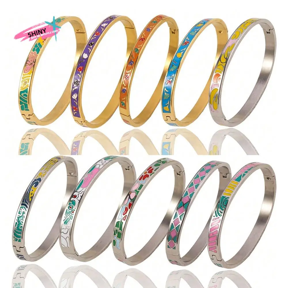 

Chic Chinese Enamel Bracelet Stainless Steel Gold Color Ethnic Flower Bangle Traditional Vintage Women's Hand Bracelet