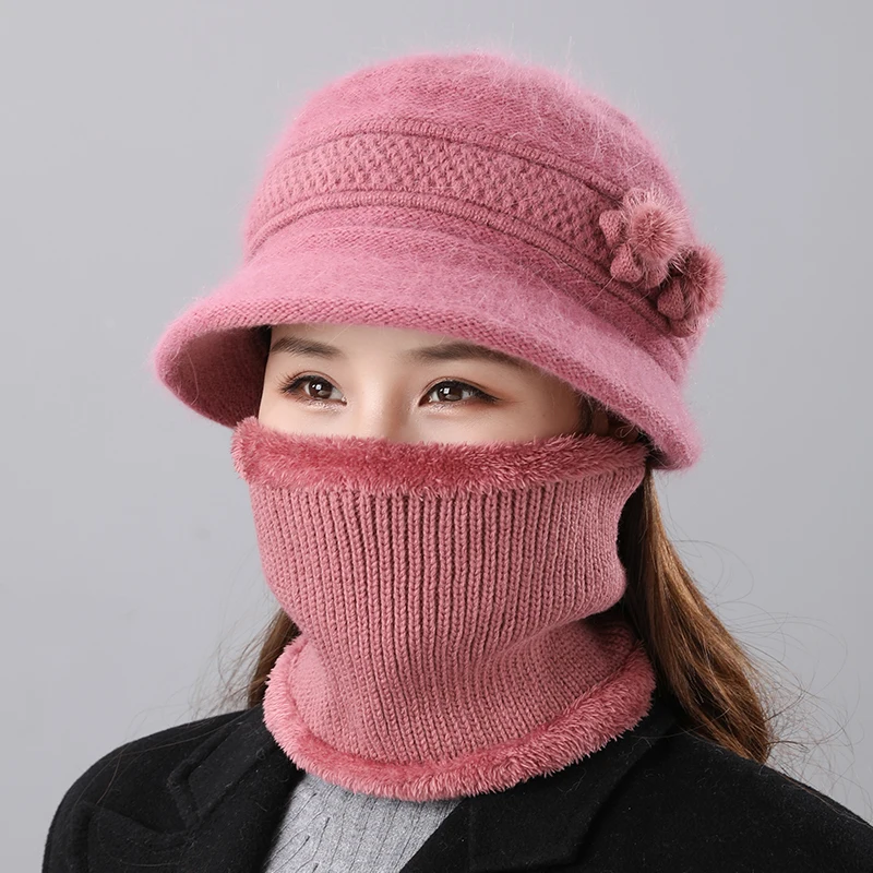 Warm Rabbit Hair Hat Elderly Mother Hat Autumn and Winter Women Bib Two-piece Set Simple Fashion Temperament Winter Basin Hat