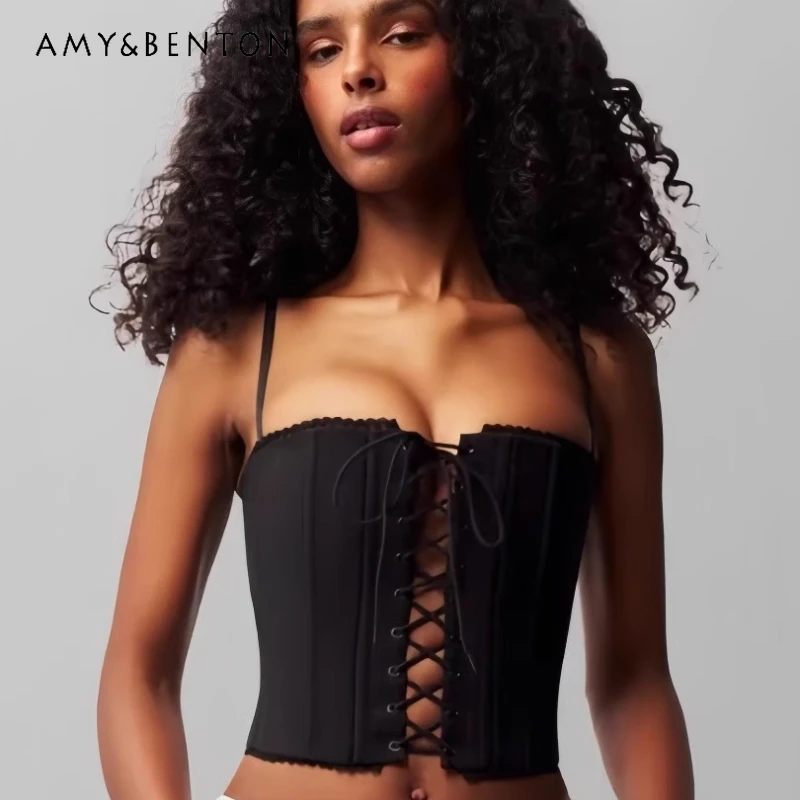 

Original Design Black Cross Strap Hollow Out Women's Sling European American Summer New Short Fishbone Waist Hot Girl Top Ladies