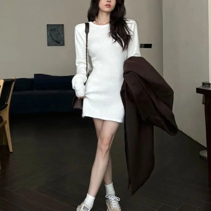 Fashion Backless Slim Mini Dress Female Clothing Long Sleeve Knitted Autumn Winter Solid Color Waist Casual Round Neck Dresses