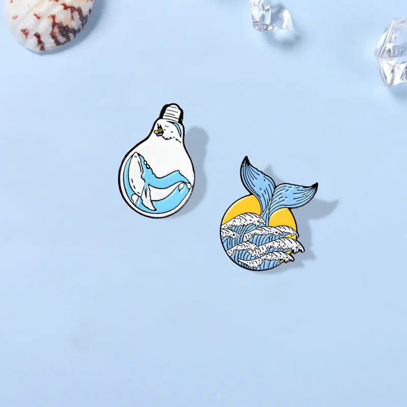 Fantasy Ocean Enamel Pin Mermaid tail Whale Bulb Brooches Bag Clothes Lapel Pin Sea Ocean Wave Badge Jewelry Gift for Friends