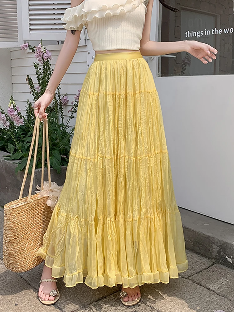 Vrouwen 2025 zomer nieuwe hoge taille effen kleur A-lijn lange patchwork rokken Franse stijl mesh elegante afslankrok