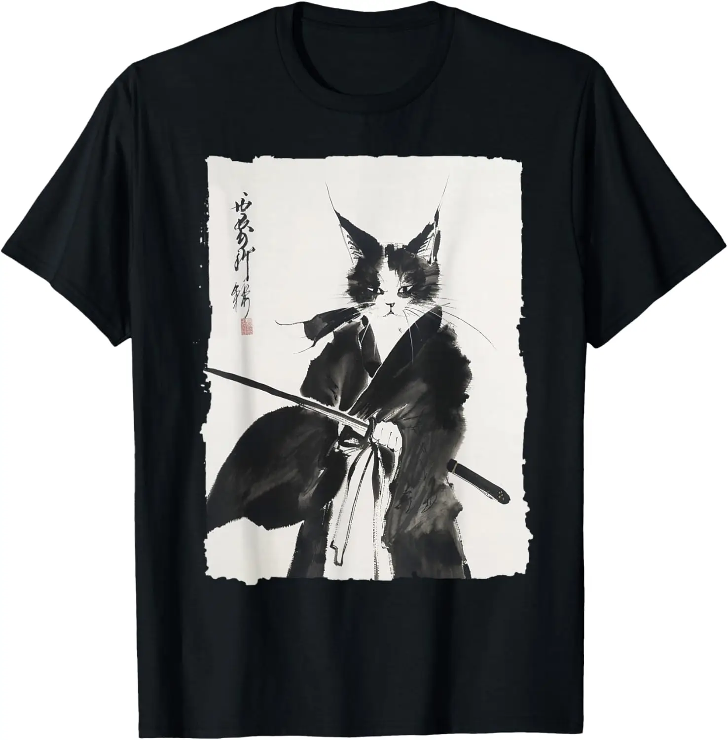 Samurai Cat Warrior Ink - Japanese Art Feline Katana T-Shirt 100% Cotton Trendy Y2K Short-Sleeve Tee-Soft, Quick-Drying,